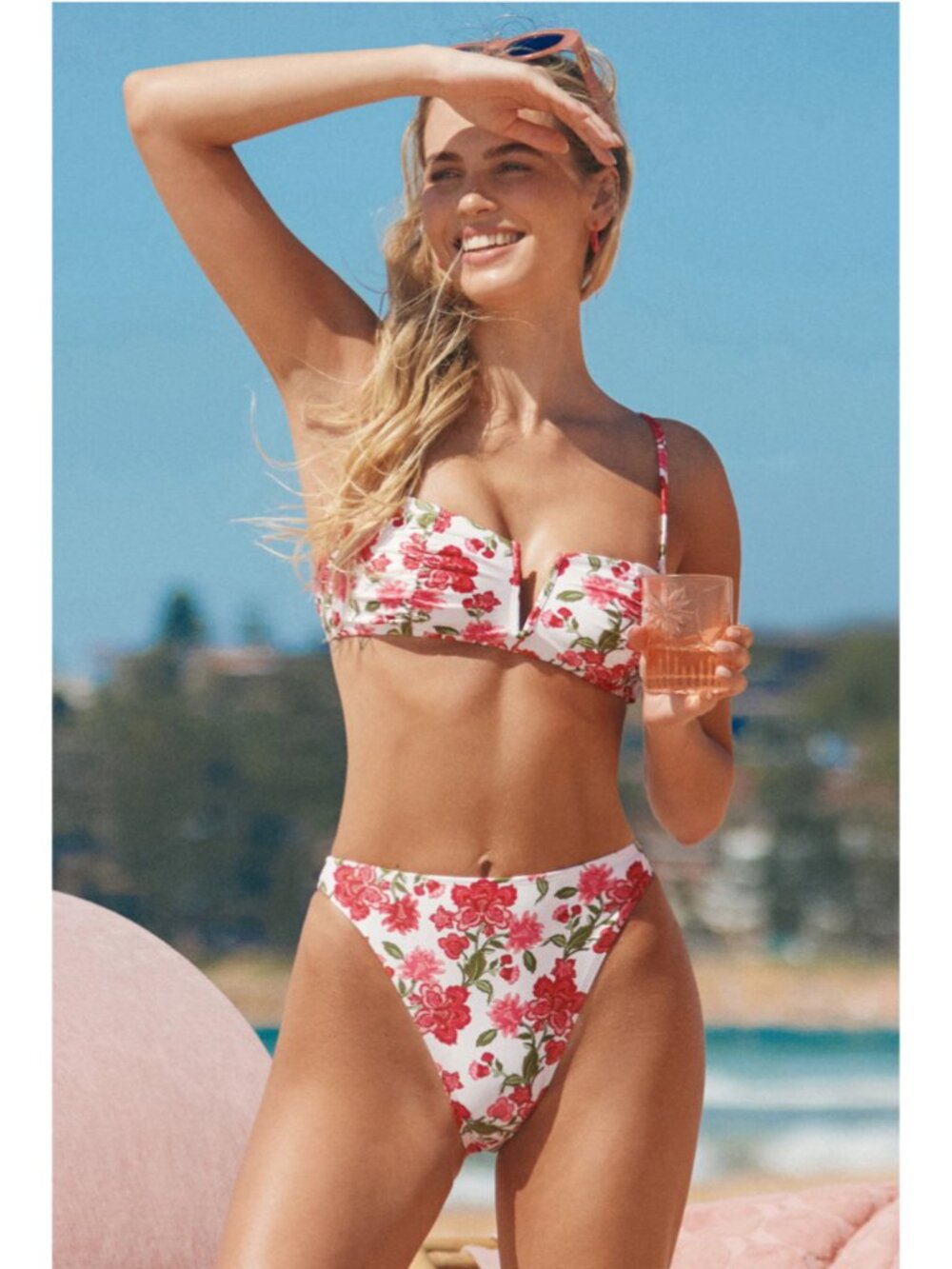 Cupshe Floral Bikini Set Red White High Cut Tie Strap Two Piece Swimsuit XL